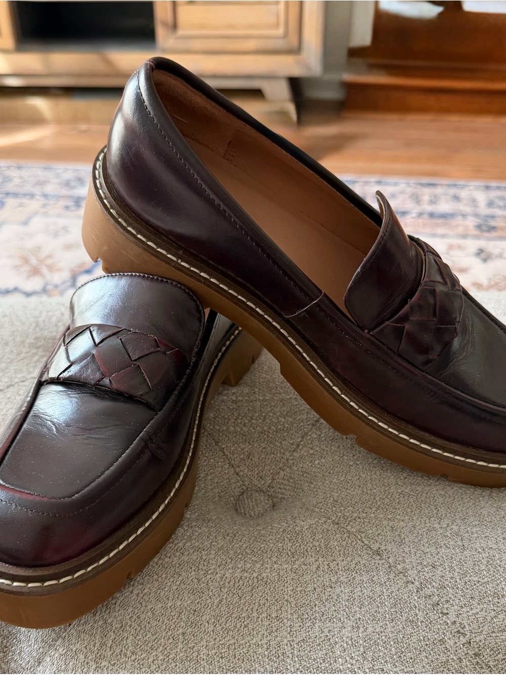 Nordstrom Burgundy Woven Leather Loafers with Tan Lug Sole